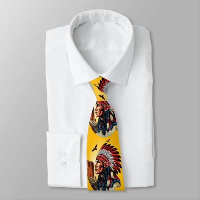 Native American Chief on wild Landscape Sunset Tie (Tied)
