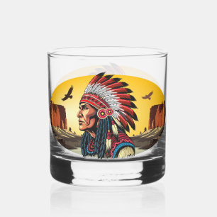 Native American Chief on wild Landscape Sunset Whiskey Glass
