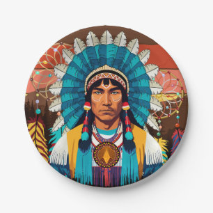 Native American Chief Powerful Portrait Paper Plate