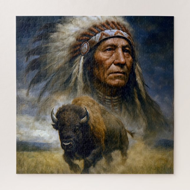Native American Chief with Charging Buffalo Jigsaw Puzzle (Vertical)