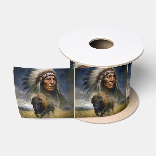 Native American Chief with Charging Buffalo Satin Ribbon (Spool)