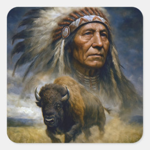 Native American Chief with Charging Buffalo Square Sticker