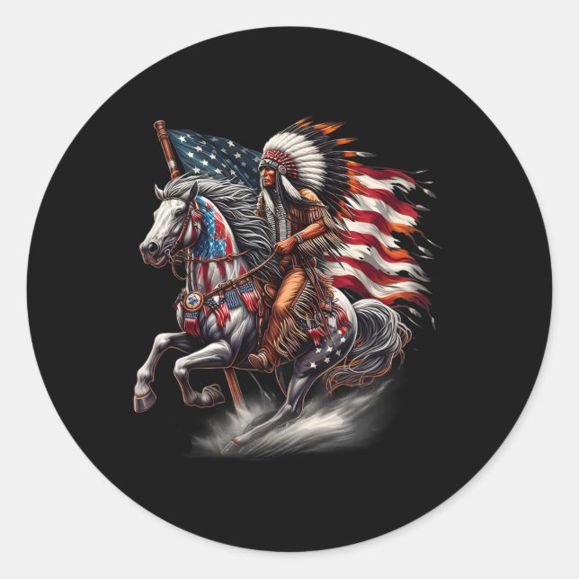 Native American Day Flag Indian Riding Horse 4th O Classic Round Sticker (Front)
