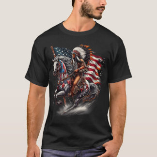 Native American Day Flag Indian Riding Horse 4th o T-Shirt