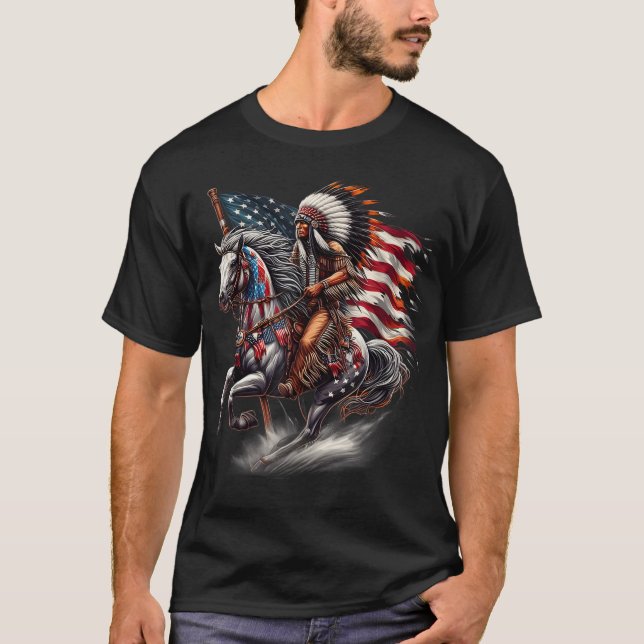 Native American Day Flag Indian Riding Horse 4th o T-Shirt (Front)