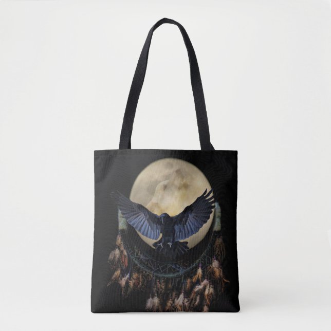 Native American Dream Catcher, Raven and Wolf Tote Bag (Front)