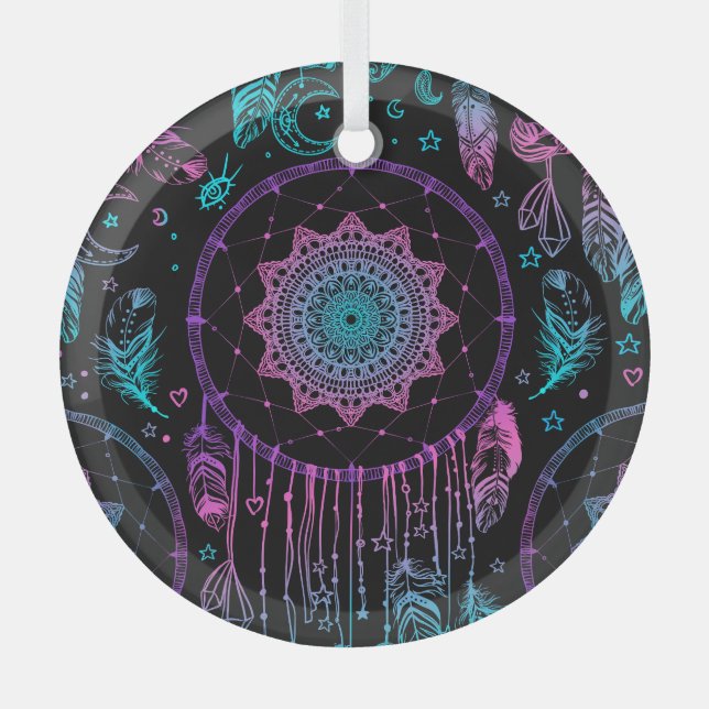 Native American Dreamcatcher Moon Pattern Glass Tree Decoration (Front)