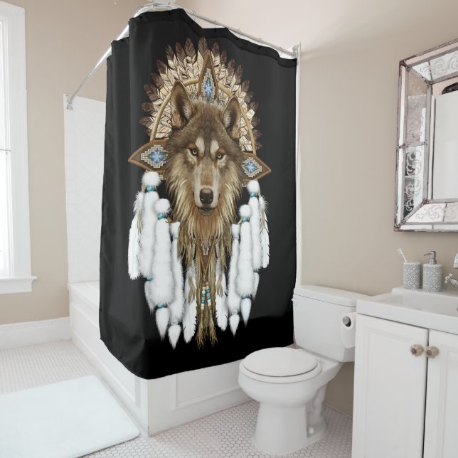Native American Dreamcatcher Wolf Shower Curtain (In Situ)