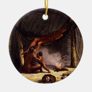 Native American Family under a Leaf Shelter (colou Ceramic Tree Decoration
