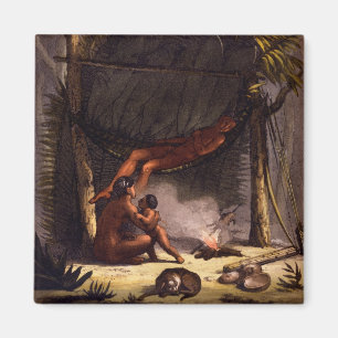 Native American Family under a Leaf Shelter (colou Magnet