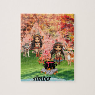 Native American girl with woodland animals Jigsaw Puzzle