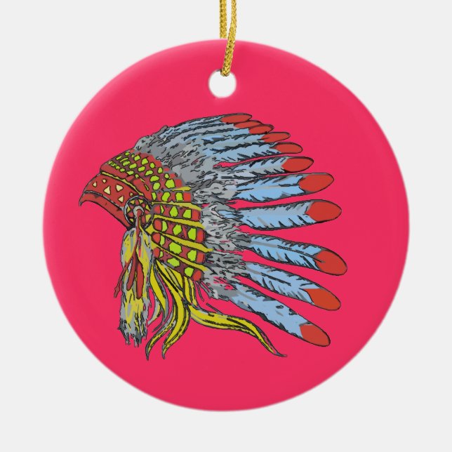 Native American Headdress, add text Ceramic Tree Decoration (Front)