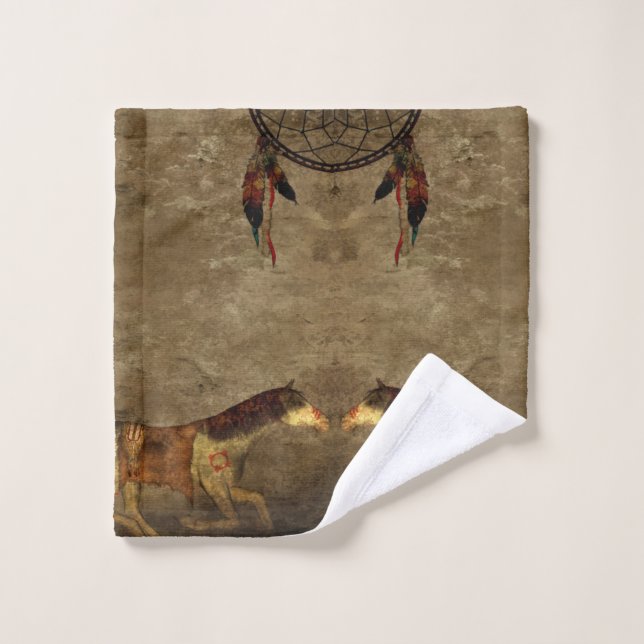 Native American Horses & Dream Catcher Bath Towel Set (Wash Cloth)