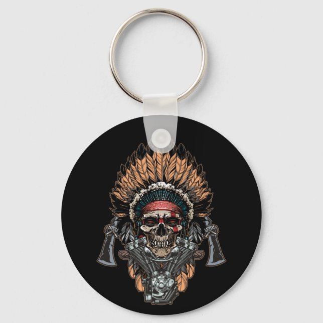 Native American Indian Chief Skull Motorcycle Key Ring (Front)