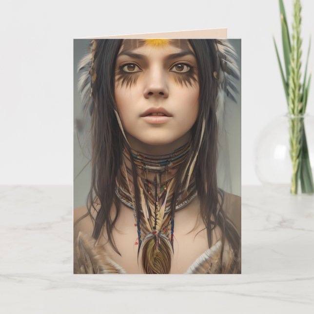 NATIVE AMERICAN INDIAN GIRL ART BIRTHDAY  CARD (Front)