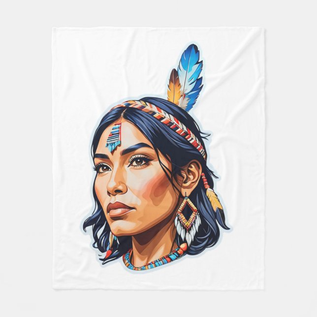 Native American Indian Lady Fleece Blanket (Front)