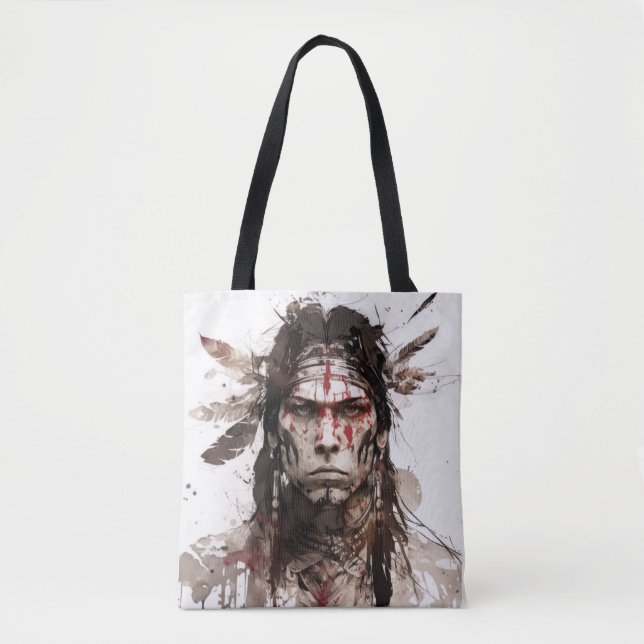 Native American Indian Portrait Warrior Painting Tote Bag (Front)