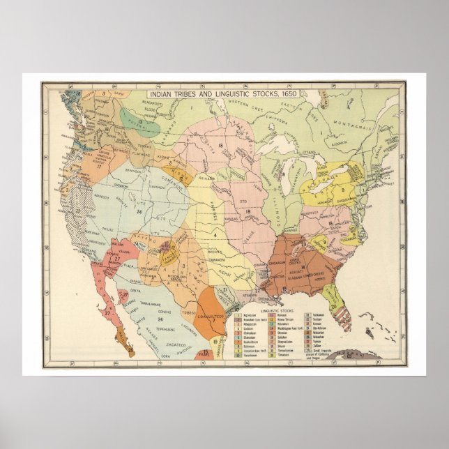 Native American Indian Tribes & Linguistic Map Poster (Front)