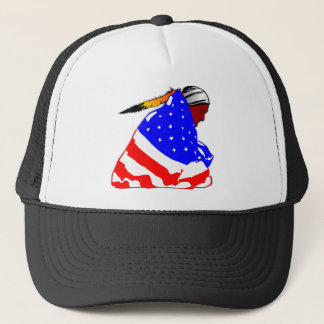 Native American Indian Wrapped In USA Flag Trucker Hat