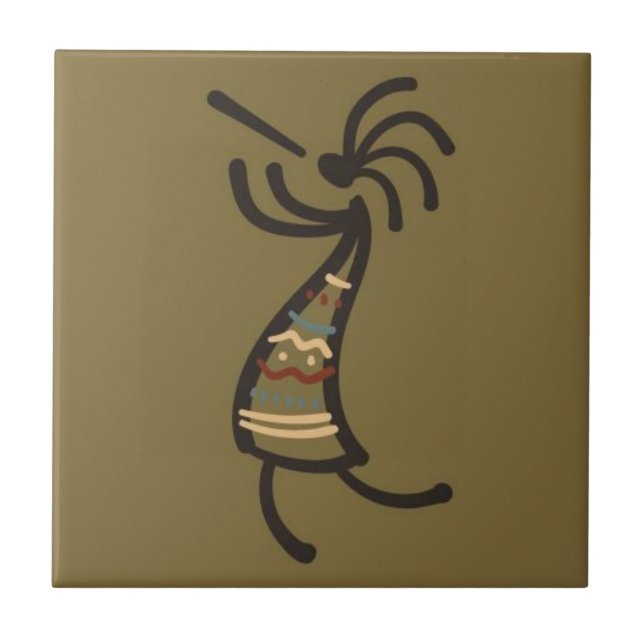 Native American Kokopelli Dancer Brown Green Tile (Front)