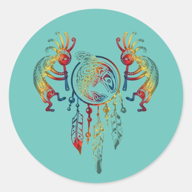 Native American Kokopelli Whale Dreamcatcher 1 Classic Round Sticker (Front)