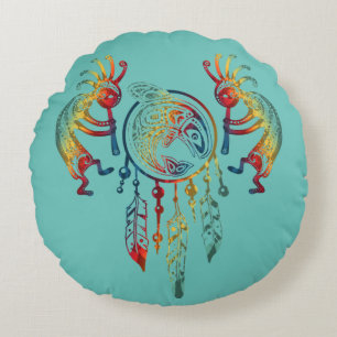 Native American Kokopelli Whale Dreamcatcher 1 Round Cushion