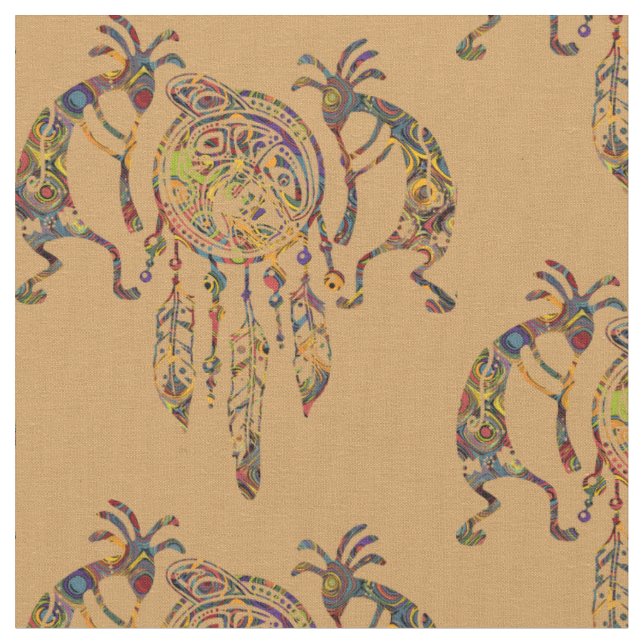 Native American Kokopelli Whale Dreamcatcher 2 Fabric (Close Up)