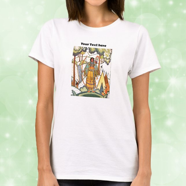 Native American Lady Waterfall Tepee Embroidery T-Shirt (Native American lady in forest by waterfall in traditional clothing with embroidered look on shirt.)