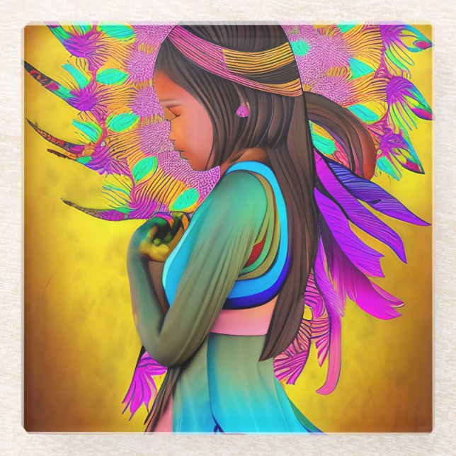 Native American Little Girl AI Art Glass Coaster (Front)