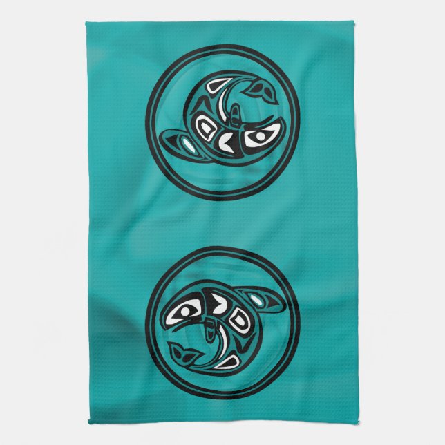 Native American Orca Whale, turquoise Tea Towel (Vertical)