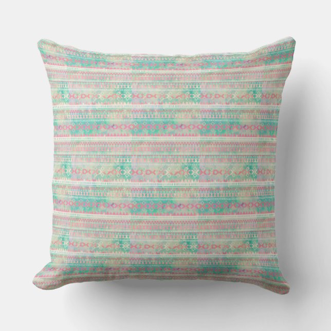 Native American Pattern Throw Pillow/Pink-Green Cushion (Front)