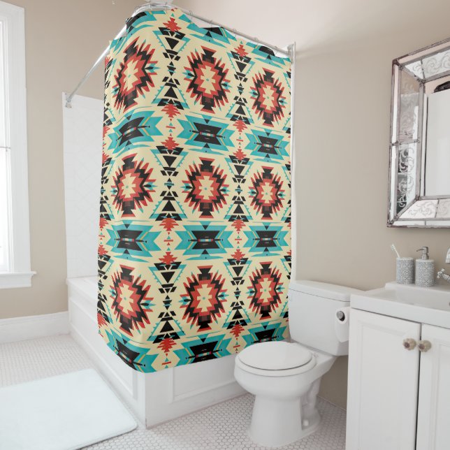 Native American patterned sunburst Shower Curtain (In Situ)