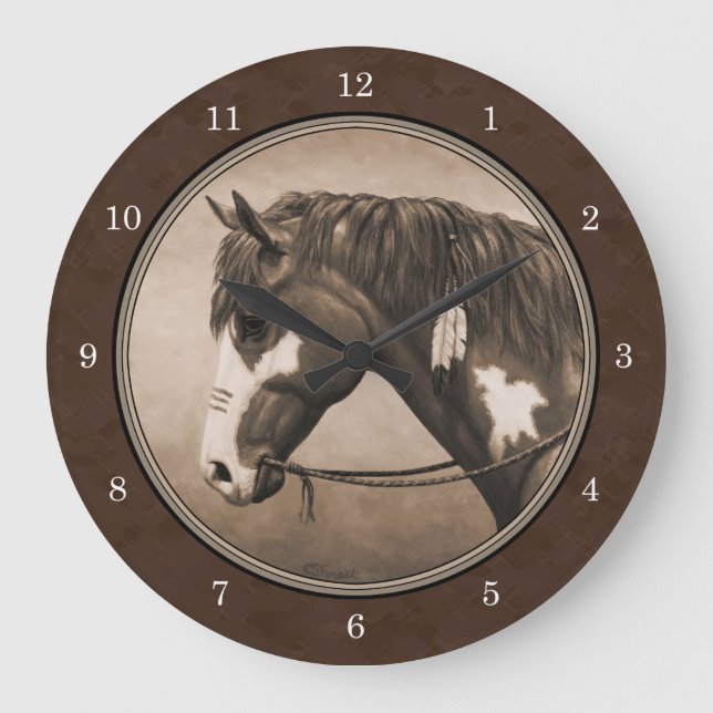 Native American Pinto War Horse in Sepia Large Clock (Front)