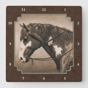 Native American Pinto War Horse in Sepia Square Wall Clock