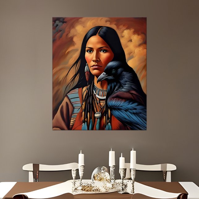Native American Raven Spirit Animal Woman Portrait Poster (Native American woman portrait with Raven spirit animal)