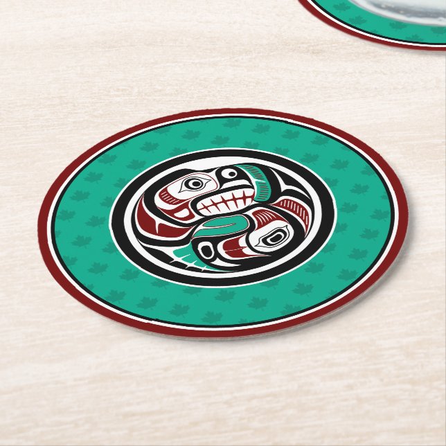 Native American Red Black Art Otter Salmon Round Paper Coaster (Angled)