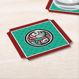 Native American Red Black Green Art Otter Salmon Paper Coaster