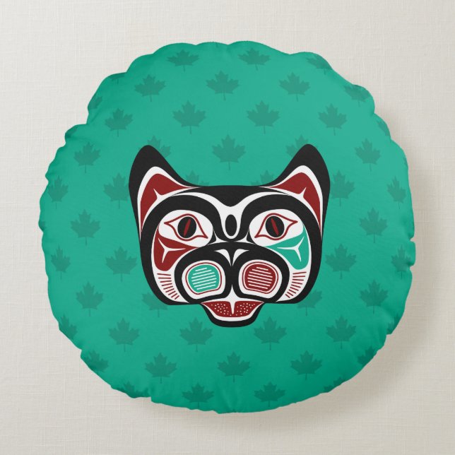 Native American Red Black Green Haida Art Kitty Round Cushion (Front)