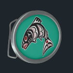 Native American Red Black Haida Art Salmon Belt Buckle<br><div class="desc">Decorate your belt with this belt buckle with a beautiful Haida Salmon from British Columbia, Canada. The background green. You can't go wrong with Northwest coast Haida art, it's been popular for decades. These First Nations designs are ideal for apparel and always look good. Formline is an indigenous art made...</div>