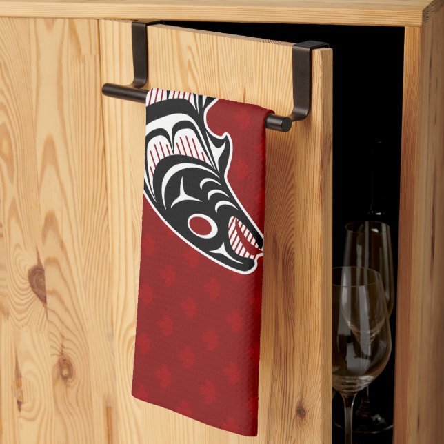 Native American Red Black Haida Art Salmon Tea Towel (Thirds Fold)