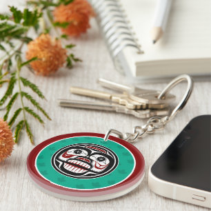 Native American Red Black Haida Art Weeping Skull Key Ring
