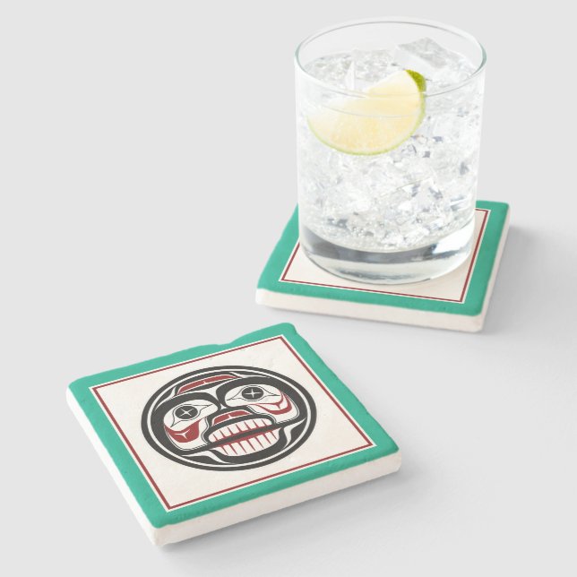 Native American Red Black Haida Art Weeping Skull Stone Coaster (Side)