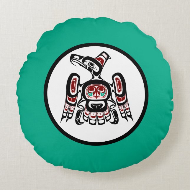 Native American Red Black Kaigani Thunderbird Round Cushion (Front)