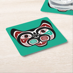 Native American Red Black Vector Graphics Kitty Square Paper Coaster