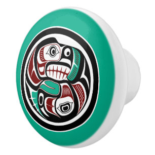 Native American Red Black White Haida Otter Salmon Ceramic Knob