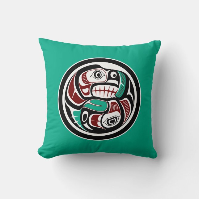 Native American Red Black White Haida Otter Salmon Cushion (Front)
