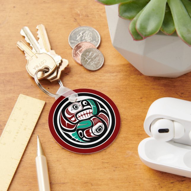 Native American Red Black White Haida Otter Salmon Key Ring (Desk)