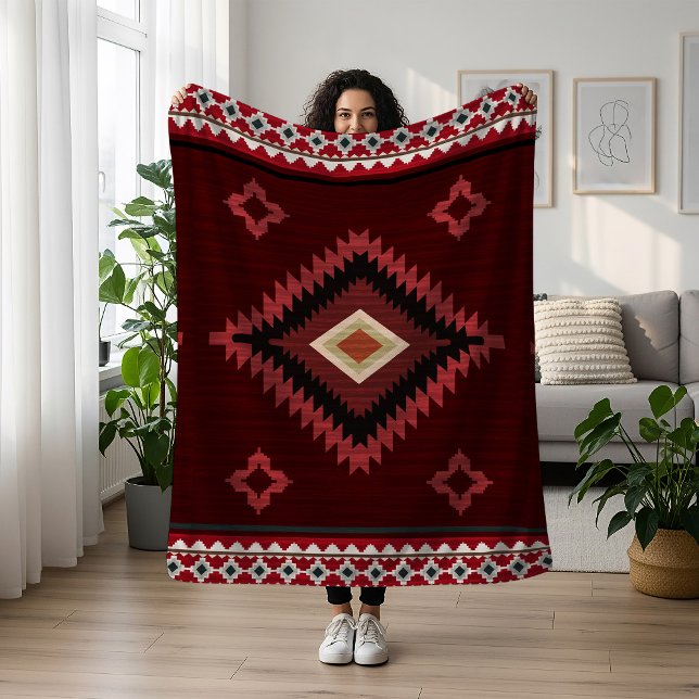 Native American Red Pattern Indian Tribal Geometry Fleece Blanket (Creator Uploaded)