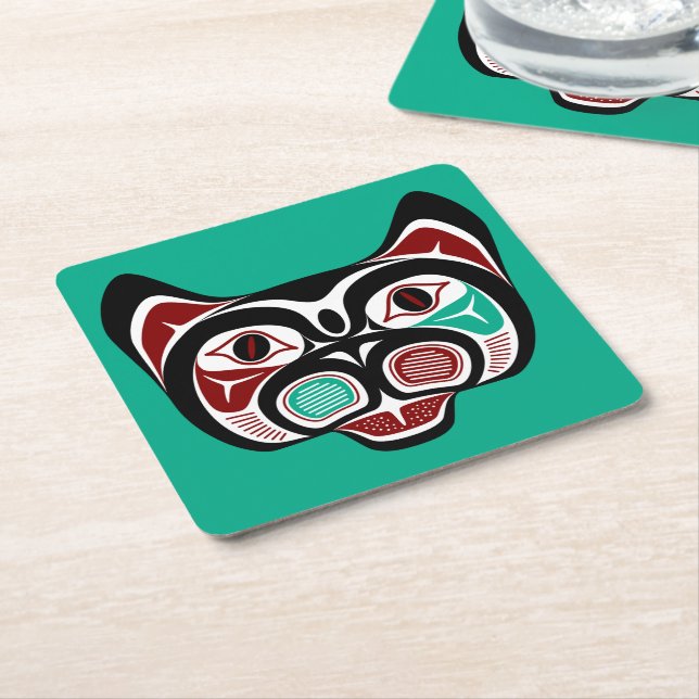 Native American Red White Black Haida Kitty Square Paper Coaster (Angled)