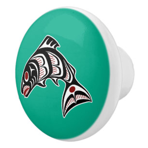 Native American Red White Black Haida Salmon Ceramic Knob